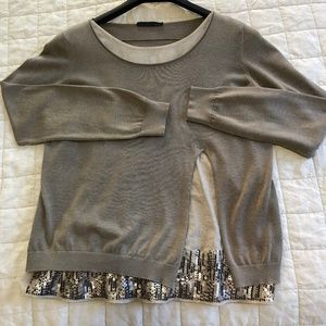 Fabiana Filippi Long-Sleeve Top Khaki-Beige Sequin